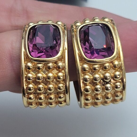 S.A.L VTG Swarovski Purple Crystal Chunky Gold Hoop Earrings - Picture 3 of 8